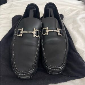 Salvatore Ferragamo Black Leather Loafers with Silver Hardware